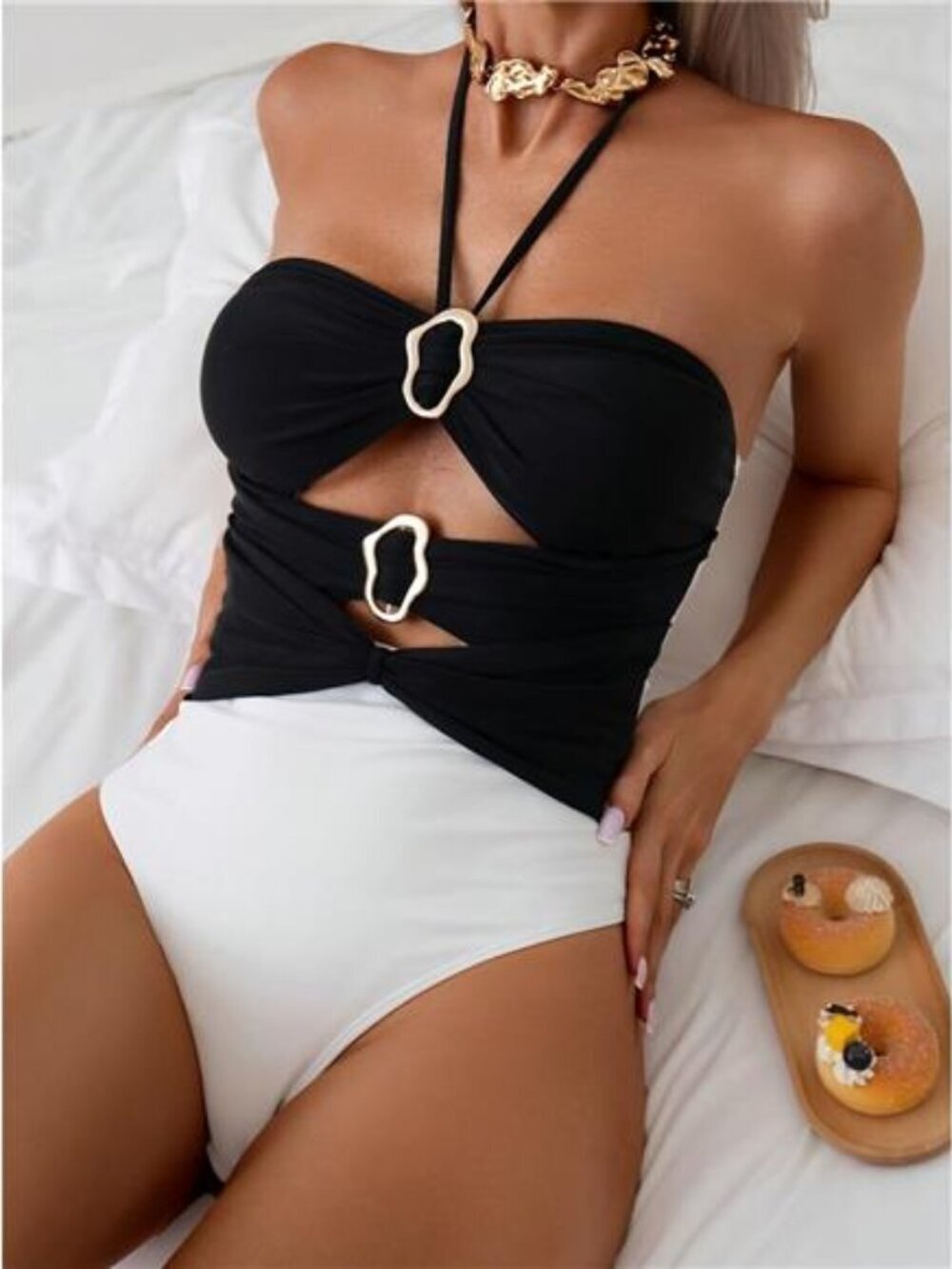 Contrast Cutout Halter Neck One-Piece Swimwear